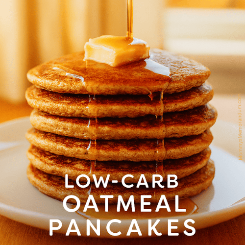 A golden stack of low-carb oatmeal pancakes topped with melting butter and drizzled with syrup, captured in warm morning light with a cheeky title overlay: “Flipping Awesome – Low-Carb Oatmeal Pancakes.”