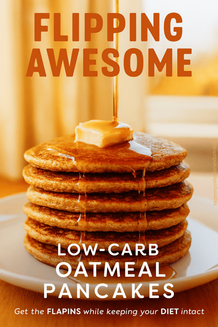 Golden stack of low-carb oatmeal pancakes topped with butter and syrup. Healthy high-protein breakfast made with oats, cottage cheese or tofu, and egg whites.