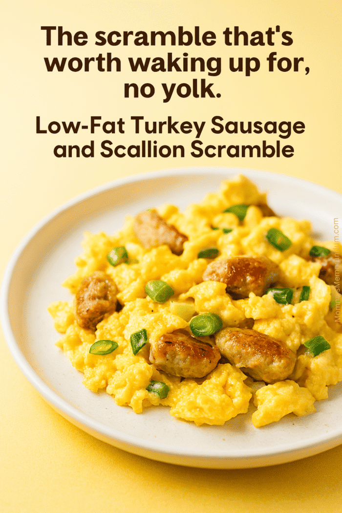 Low-Fat Turkey Sausage and Scallion Scramble Close-up of Low-Fat Turkey Sausage and Scallion Scramble on a plate with bright natural light and yellow background, styled for a cheerful breakfast vibe