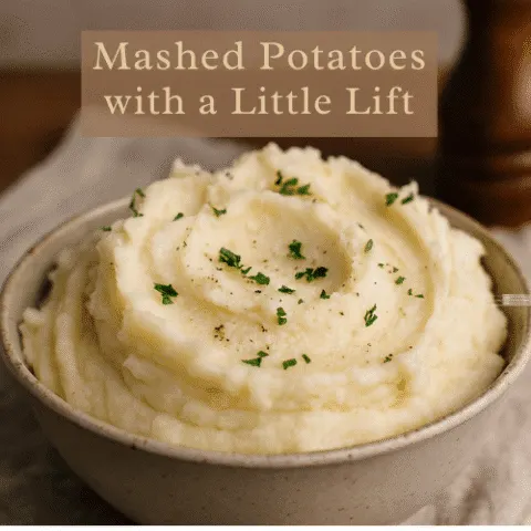 A rustic ceramic bowl filled with fluffy mashed potatoes garnished with fresh parsley, photographed in warm natural light with a shallow depth of field. The image includes a cheeky tagline overlay: &ldquo;Mashed Potatoes with a Little Lift.&rdquo;