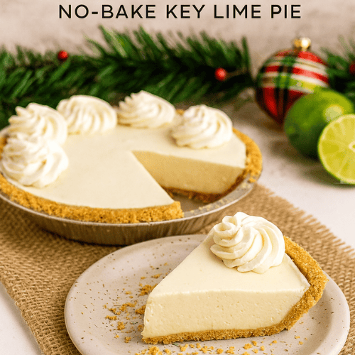 Festive no-bake key lime pie garnished with whipped cream swirls, one slice removed and plated with graham cracker crumbs, styled with tropical holiday decor and photographed in macro detail.