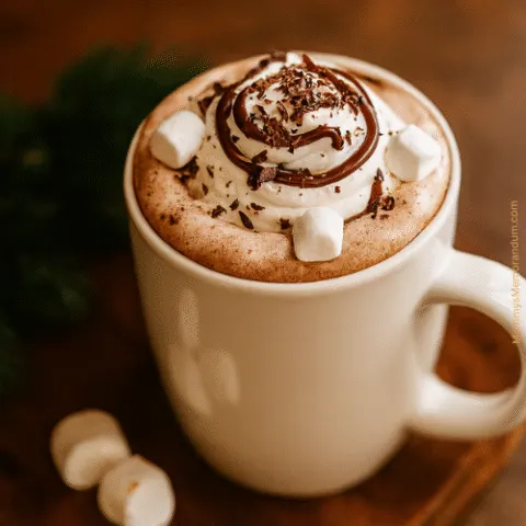 Festive mug of Nutella Hot Chocolate topped with whipped cream, Nutella drizzle, chocolate shavings, and melting mini marshmallows on a rustic wooden surface with evergreen decor.