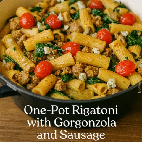 Close-up of One-Pot Rigatoni with Gorgonzola and Sausage in a rustic enameled pot, featuring creamy pasta, crumbled sausage, grape tomatoes, spinach, and melted gorgonzola, styled with warm lighting and Italian-inspired textures.