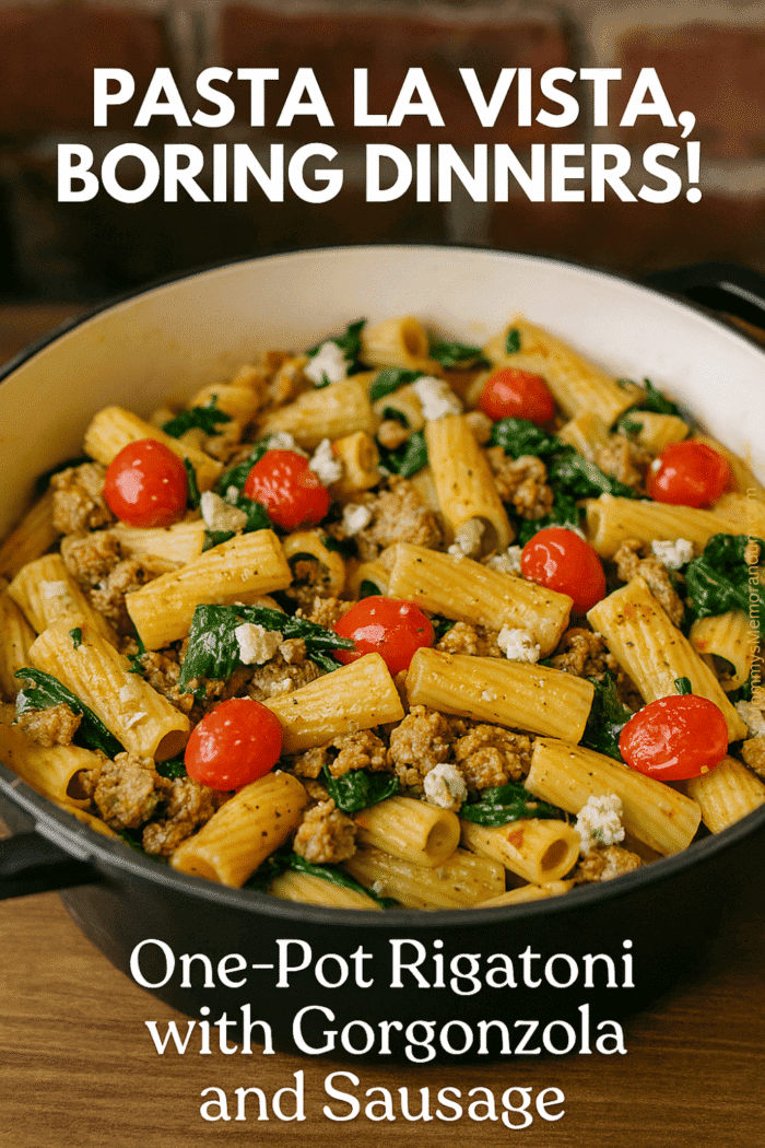 Close-up of One-Pot Rigatoni with Gorgonzola and Sausage in a rustic enameled pot, creamy pasta, crumbled sausage, grape tomatoes, spinach