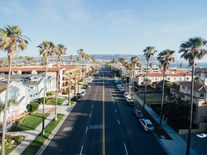 A palm tree-lined road in Redondo Beach