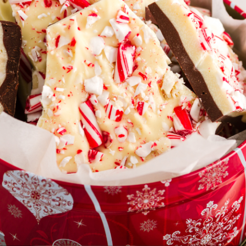 peppermint bark in red tin