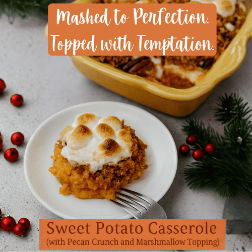 Sweet Potato Casserole served in a white baking dish with unevenly browned marshmallows and pecan-cornflake topping, with a gooey scoop plated on a white dish in the foreground.