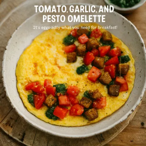 A rustic omelette folded in a ceramic skillet, topped with chopped tomatoes, pesto dollops, and crispy whole-wheat croutons. Styled on a wooden table with natural light, showcasing a homestyle Mediterranean breakfast.