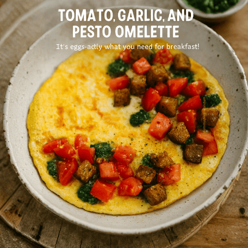 A rustic omelette folded in a ceramic skillet, topped with chopped tomatoes, pesto dollops, and crispy whole-wheat croutons. Styled on a wooden table with natural light, showcasing a homestyle Mediterranean breakfast.