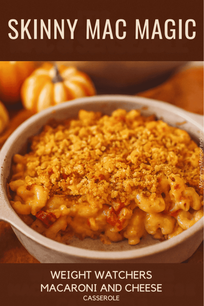 Golden baked Weight Watchers Macaroni and Cheese Casserole in a rustic dish with fall d&eacute;cor, creamy sauce, and crunchy topping.