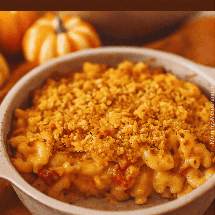 A golden-baked Weight Watchers Macaroni and Cheese Casserole in a rustic dish, surrounded by mini pumpkins and cozy fall decor, styled for Thanksgiving with creamy sauce and crunchy topping in sharp focus.