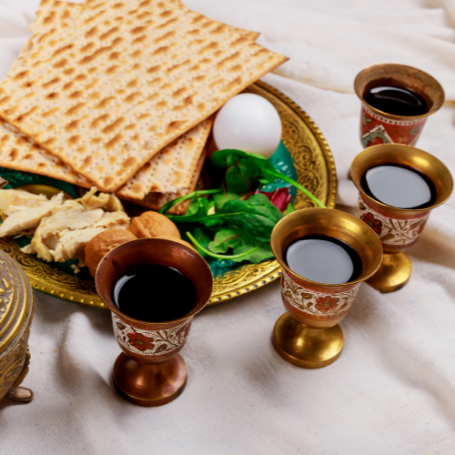 Red Kosher Wine Four Glasses of Matzah Passover Haggadah