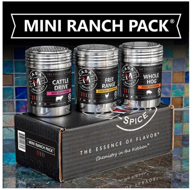 This flavor-filled pack includes: 5-oz of Casa M Spice Co® Cattle Drive® Beef Seasoning in a stainless shaker 5.5-oz of Casa M Spice Co® Free Range® Chicken Seasoning in a stainless shaker 6-oz of Casa M Spice Co® Whole Hog® Pork Seasoning in a stainless shaker 3 food-grade silicone stretch and seal lids to keep spices fresh