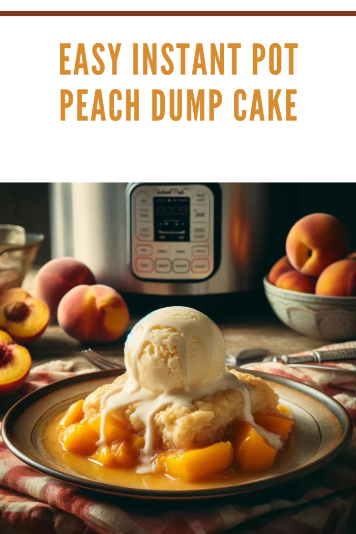 peach dump cake with peaches in the background