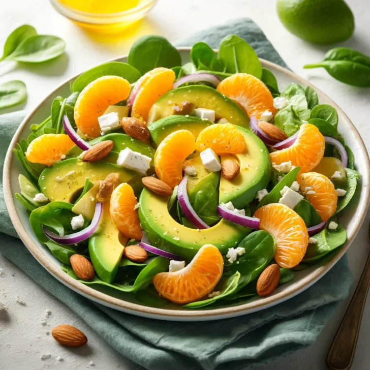 Bright and fresh salad featuring avocado slices, mandarin oranges, spinach leaves, red onion, toasted almonds, and feta cheese with a citrus dressing.