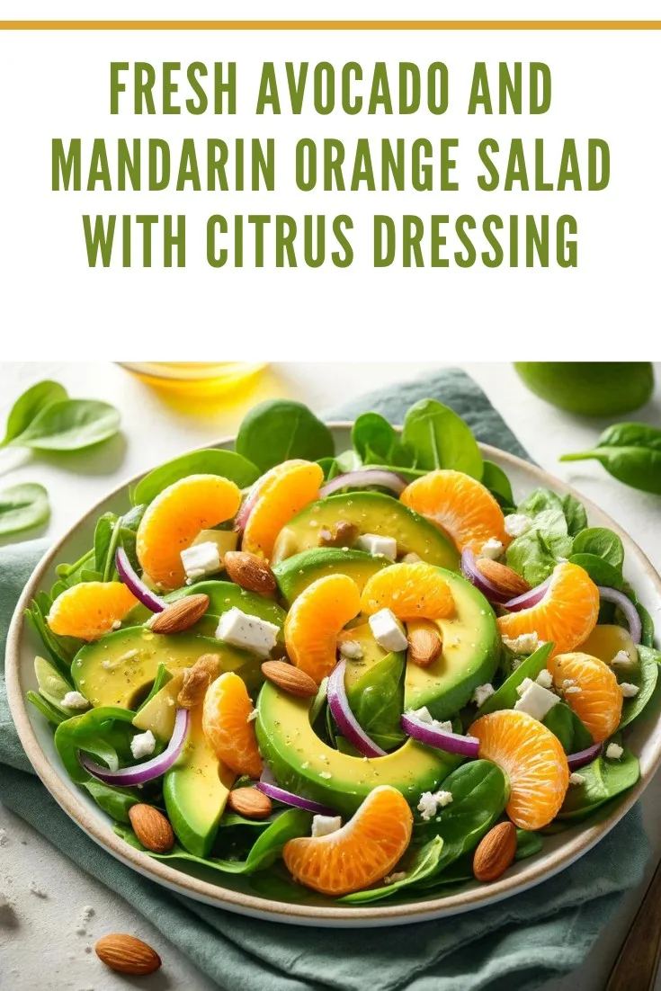 Bright and fresh salad featuring avocado slices, mandarin oranges, spinach leaves, red onion, toasted almonds, and feta cheese with a citrus dressing.
