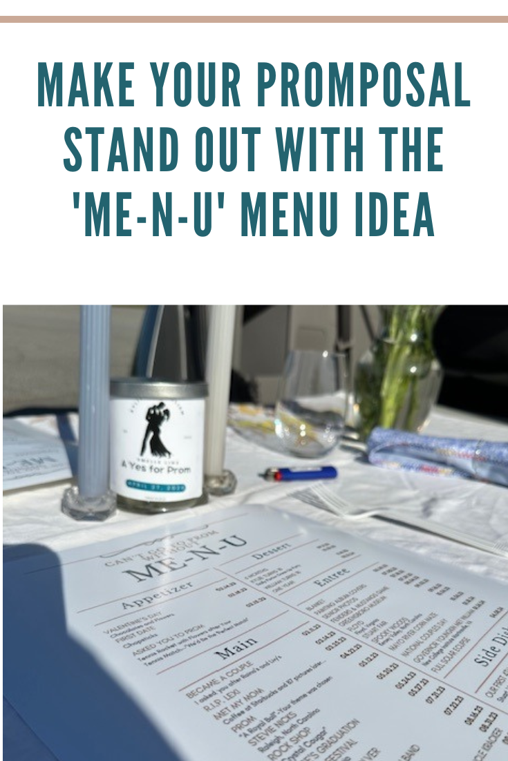 Close-up of a 'Me-n-U' prom proposal setup on a romantic table, featuring a detailed menu and a themed wine bottle, ready for the big question.