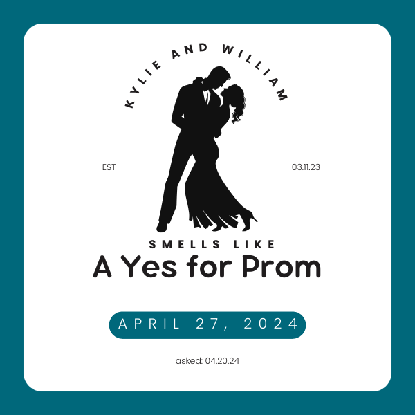 Custom candle labeled 'Smells Like a Yes for Prom' featuring silhouettes of Kylie and William, celebrating their promposal on April 27, 2024.
