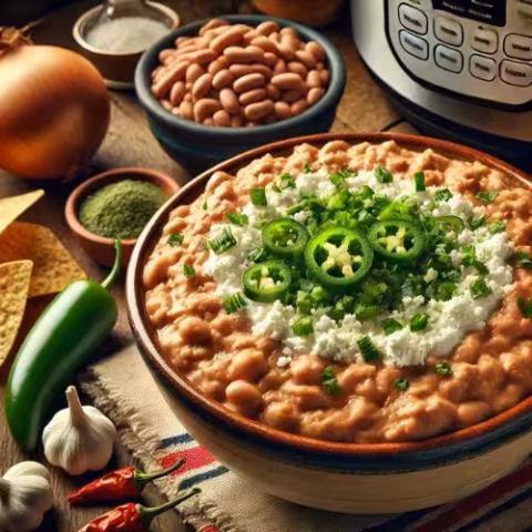 Bowl of creamy no soak Instant Pot refried beans garnished with crumbled queso fresco and sliced jalapenos, surrounded by ingredients.