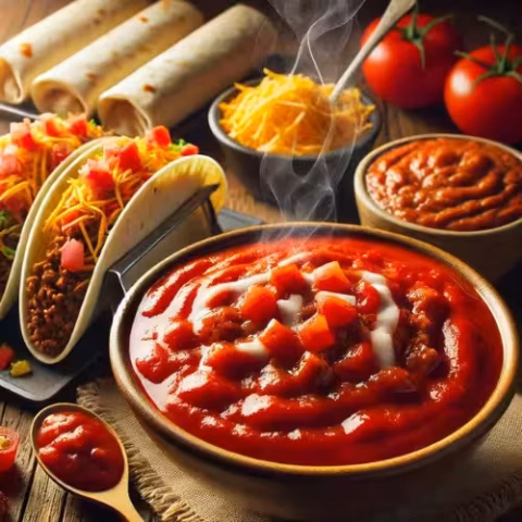 Bowl of homemade copycat Taco Bell Red Sauce garnished with diced tomatoes, with tacos, burritos, shredded cheese, and fresh tomatoes in the background.