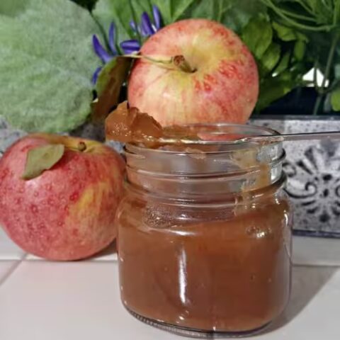 Jar of homemade Instant Pot apple butter on a counter, showcasing the finished spread