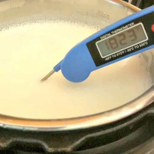 Milk being heated to 183.2°F for Instant Pot yogurt, crucial for achieving creamy texture