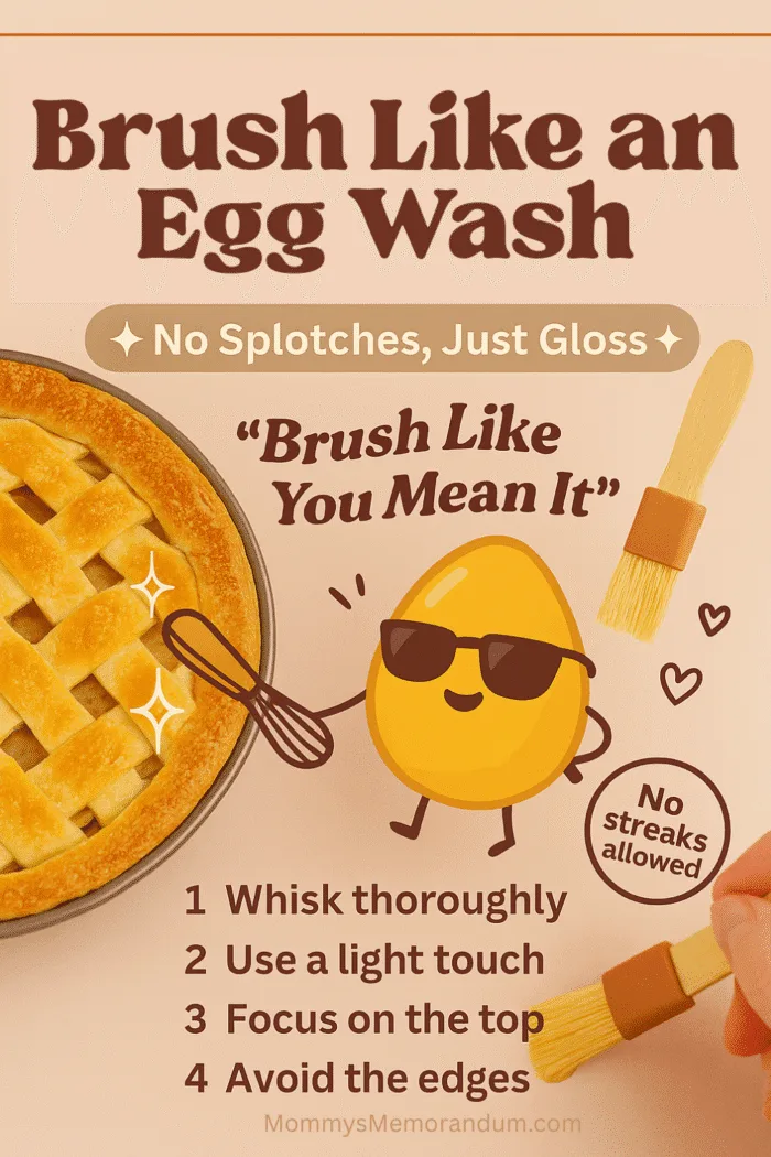 Cheeky egg with sunglasses overseeing egg wash being brushed on golden pie crust, playful overlay reads &ldquo;Brush Like a Boss: No Splotches, Just Gloss&rdquo; with sparkles and baking doodles