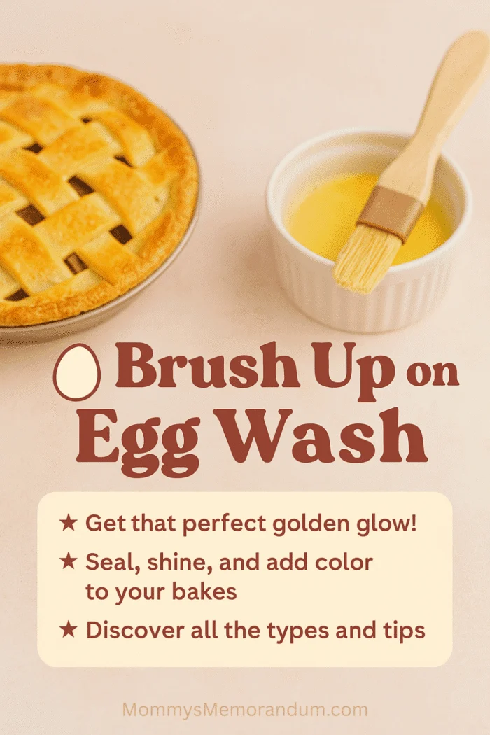 Whisked egg wash in a small bowl with pastry brush beside golden hand pies on pastel plate, styled with playful overlay text &ldquo;Brush Your Way to Bakery Brilliance&rdquo;