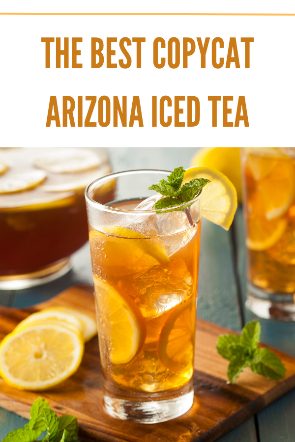 Refreshing copycat Arizona iced tea with lemon wedge and mint sprig