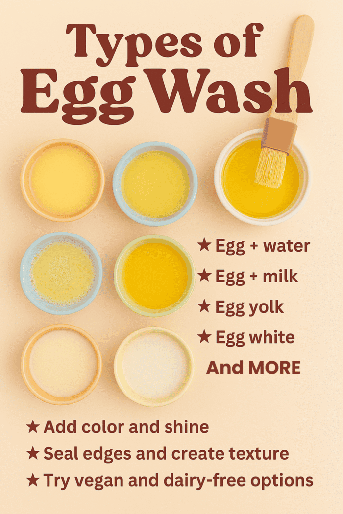 Types of Egg Wash and Their Uses Egg wash comparison showing whole egg, egg yolk, egg white, milk, cream, and water variations