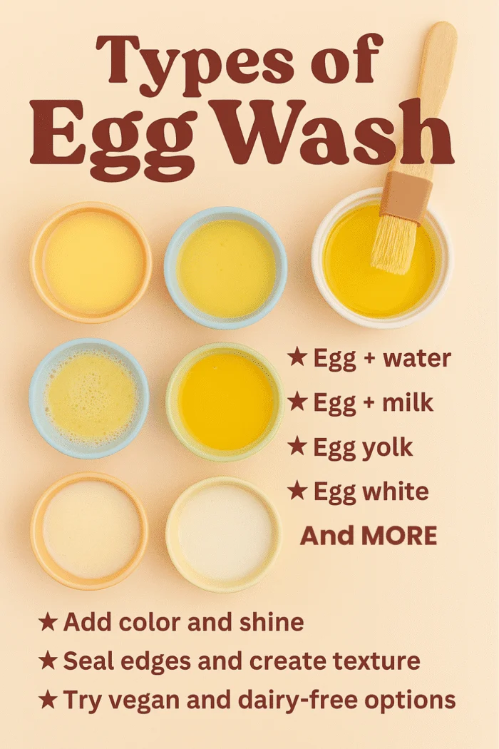 Egg wash comparison chart with whimsical doodles of whisked eggs, pastry brushes, and flaky hand pies on pastel background, overlaid with fun title text: &ldquo;Brush Like a Boss: Egg Wash Types That Make Your Pastries Pop&rdquo;v