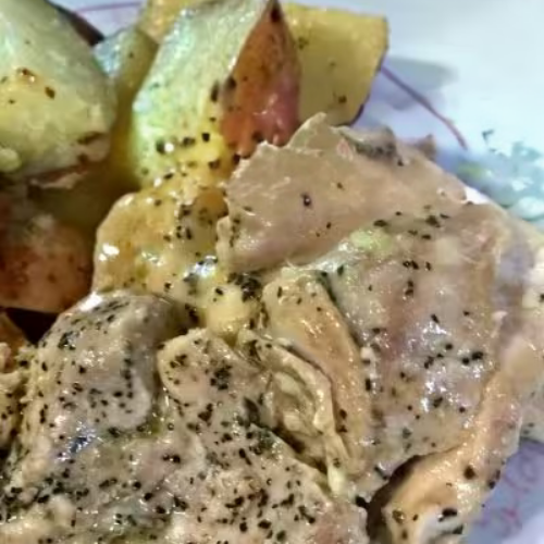 Instant Pot Lemon Mustard Chicken with Potatoes showing juicy chicken thighs and red potatoes in a savory mustard sauce