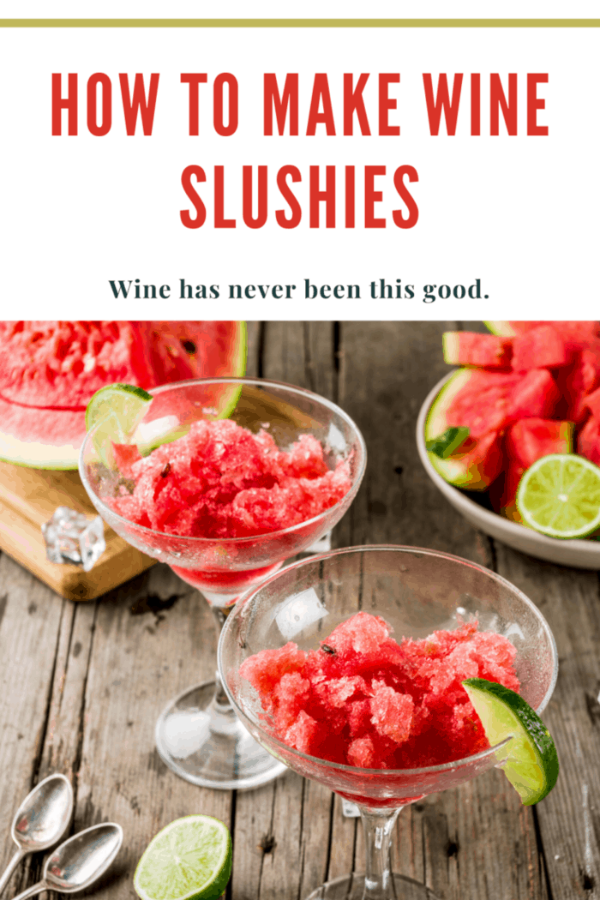 A glass of homemade wine slushie garnished with fresh fruit, ideal for a summer party or casual gathering.