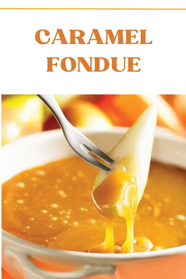 Close-up of a caramel fondue with a piece of fruit being dipped in rich, golden caramel sauce, ideal for dessert.