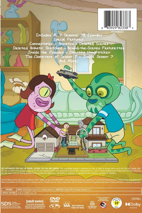 Back cover of Rick and Morty: The Complete Seasons 1-7 DVD boxed set showing bonus features and episode highlights.