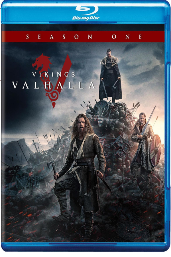 Blu-Ray cover of Vikings: Valhalla: The Complete First Season featuring Leif Eriksson and epic Viking battles.