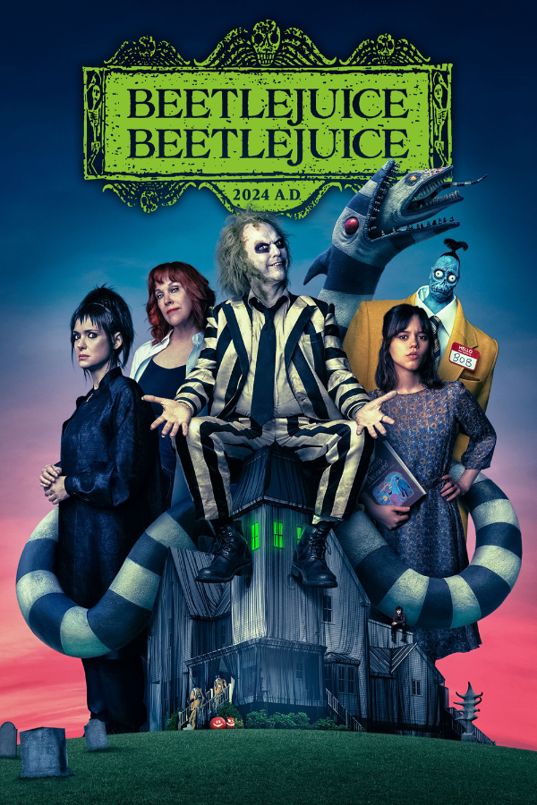 Beetlejuice Beetlejuice movie poster featuring Michael Keaton as Beetlejuice and Winona Ryder as Lydia Deetz, announcing the digital release.