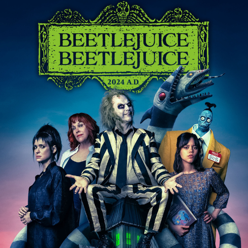 Beetlejuice Beetlejuice movie poster featuring Michael Keaton as Beetlejuice and Winona Ryder as Lydia Deetz, announcing the digital release.