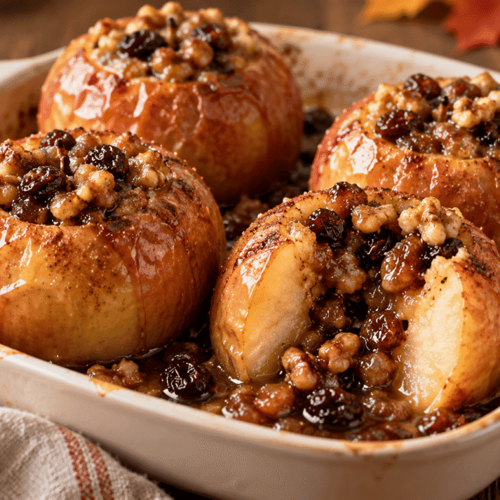 Whole vanilla cinnamon baked apples filled with brown sugar, walnuts, and raisins in a ceramic baking dish