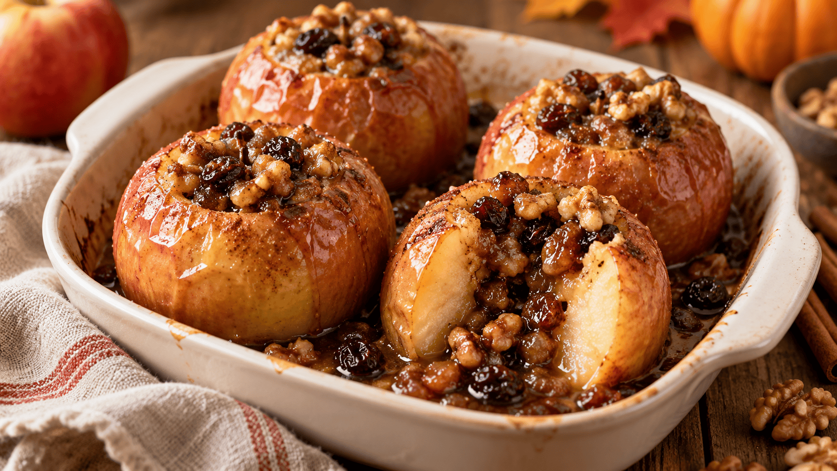Whole vanilla cinnamon baked apples filled with brown sugar, walnuts, and raisins in a ceramic baking dish