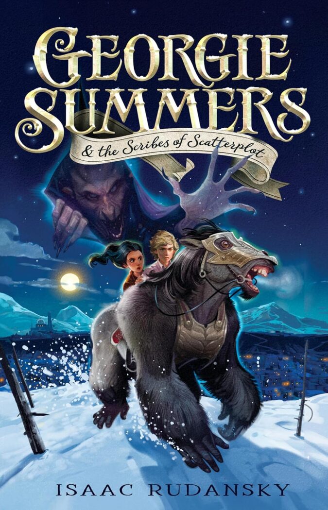 Epic fantasy cover of Georgie Summers and the Scribes of Scatterplot, featuring a magical chase on a powerful black horse