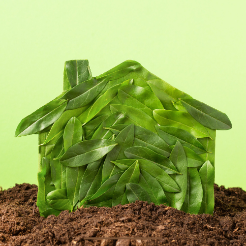 shape of home in green leaves as a sustainable home concept