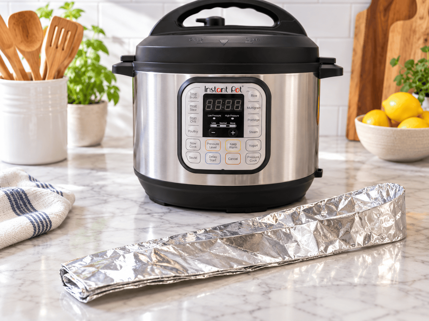 Folded Aluminum Foil Instant Pot Sling Folded heavy-duty aluminum foil strip ready to use as a homemade Instant Pot sling