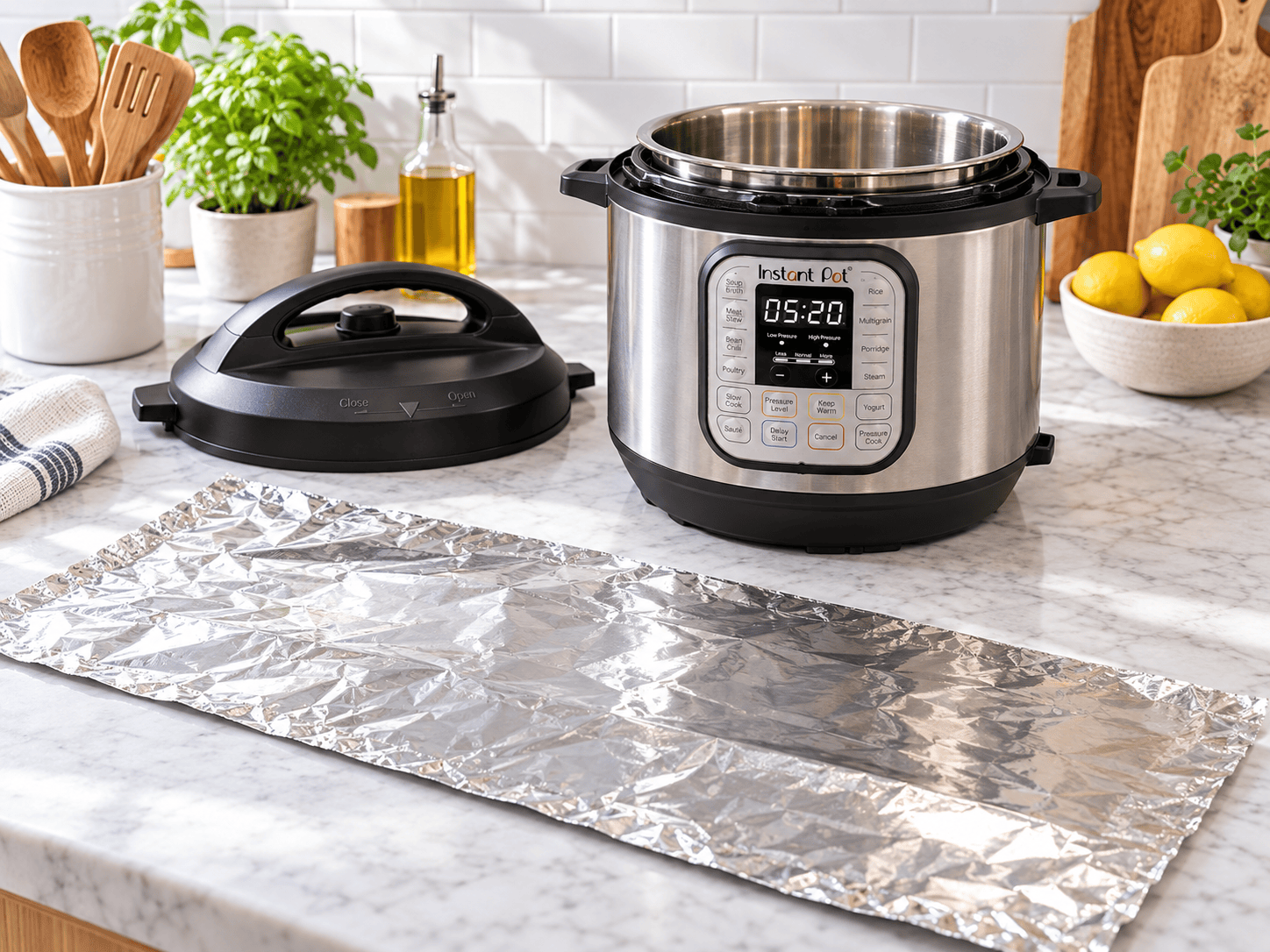 Heavy-Duty Aluminum Foil for an Instant Pot Sling Heavy-duty aluminum foil laid flat beside an open Instant Pot Duo before being folded into a sling