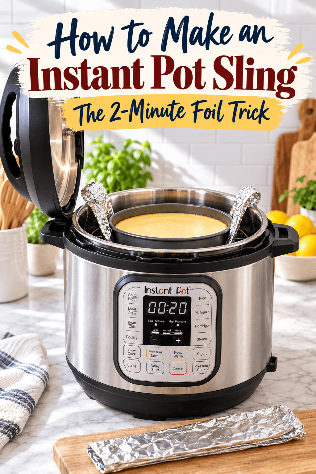 How to Make an Instant Pot Sling – The 2-Minute Foil Trick Pinterest graphic showing how to make an Instant Pot sling with heavy-duty aluminum foil