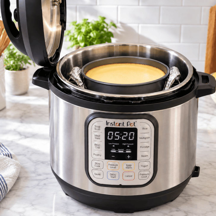 Instant Pot Duo with a round pan resting on the trivet and foil sling handles folded inward