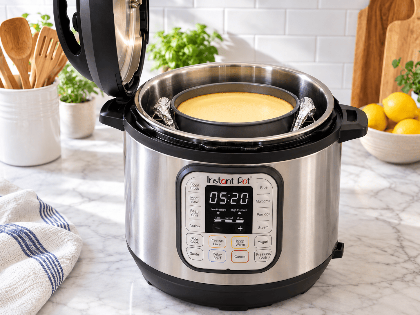 Instant Pot Foil Sling Positioned for Cooking Instant Pot Duo with a round pan resting on the trivet and foil sling handles folded inward