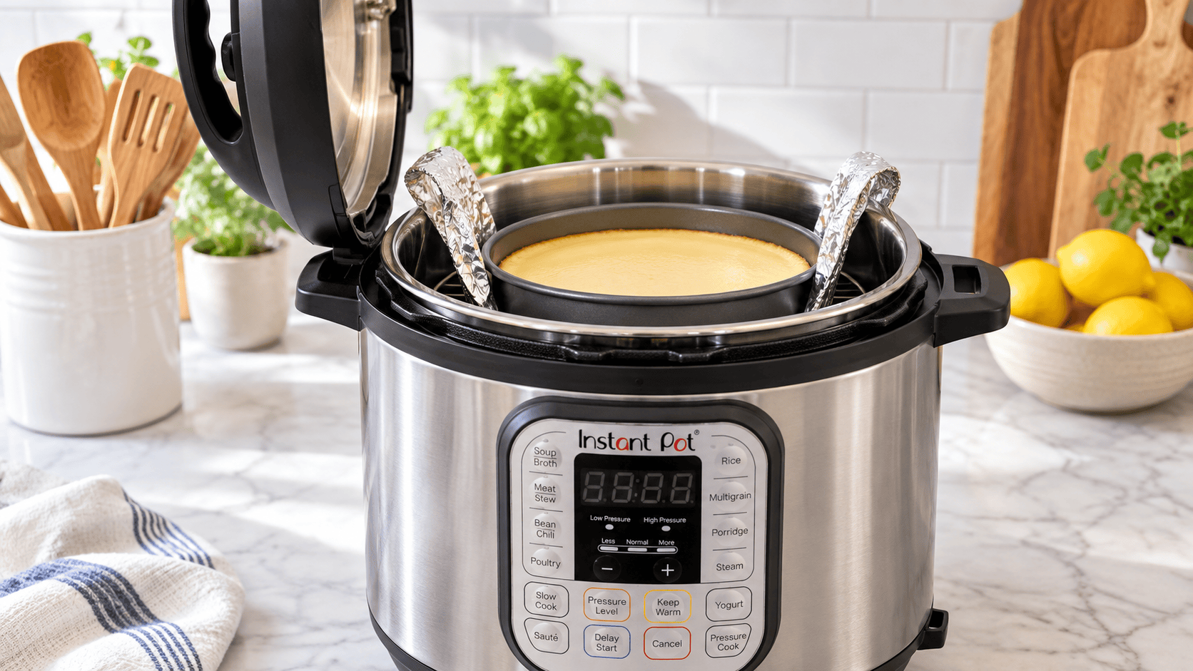 Instant Pot Sling Ready for Pot-in-Pot Cooking Instant Pot Duo with a round pan supported by a folded aluminum foil sling on the trivet
