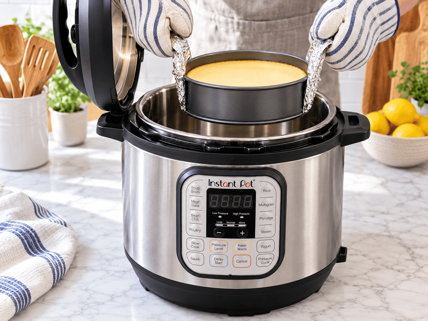 Lifting a Pan from the Instant Pot with a Foil Sling Hands wearing oven mitts lifting a round baking pan from an Instant Pot Duo with a homemade aluminum foil sling
