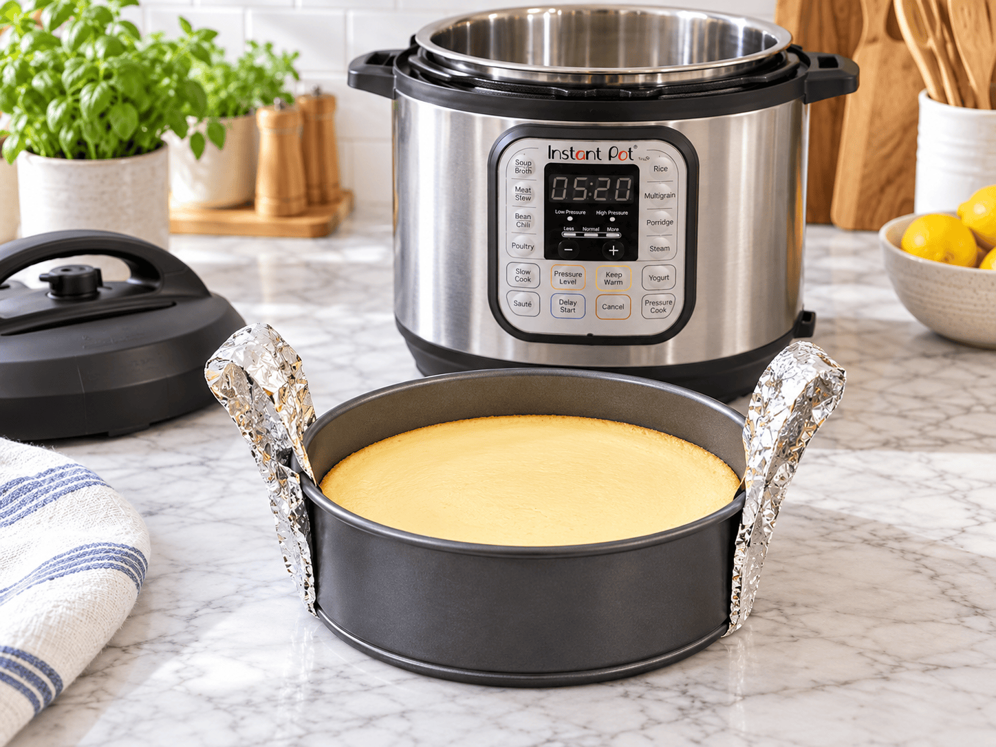 Pan Centered on an Instant Pot Foil Sling Round baking pan centered on a homemade aluminum foil sling beside an open Instant Pot Duo